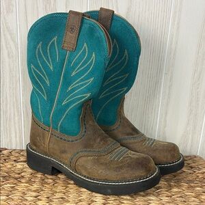 Ariat Women's Fat Baby Cowgirl Western Teal and Brown Leather Boots, 7